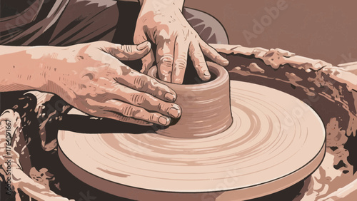 Hands shaping clay on a pottery wheel to create a vessel in an artistic studio