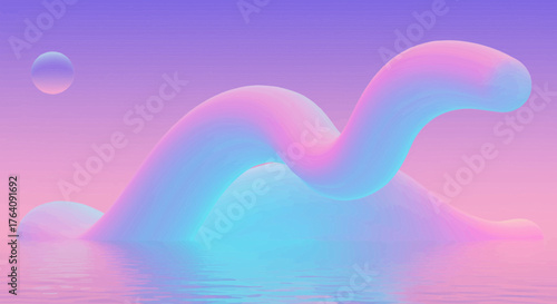 Holographic surreal landscape with fluid shapes and pastel colors reflecting in water