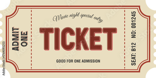 Vintage Movie Night Ticket, Retro Admit One Cinema Coupon Design