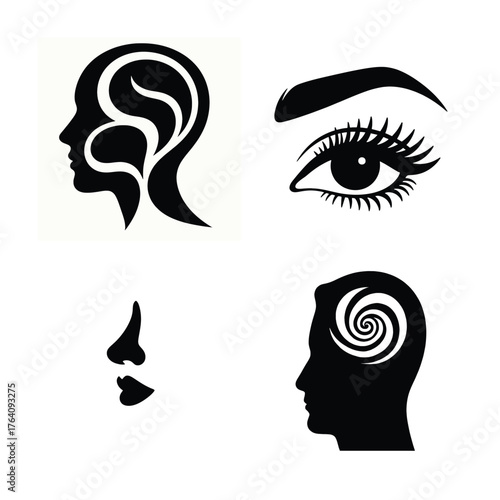 Abstract Human Head and Face Silhouette Vector Set,  Mind, Eye, and Facial Elements in Vector Art on White Background