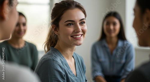 A young woman with a ponytail smiles brightly during a meeting in a light-filled space. Free Download A young woman with a ponytail smiles brightly during a meeting in a light-filled space. - GFXLoad