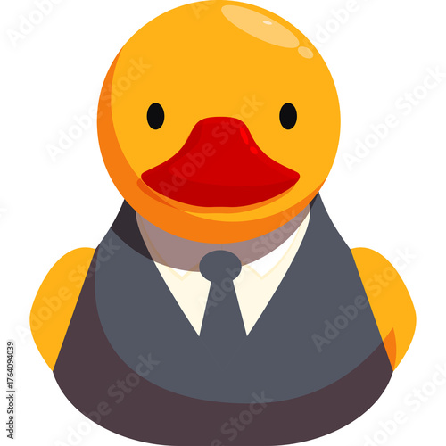 Stylized Yellow Rubber Duck Wearing a Dark Gray Suit and White Shirt with a Blue Tie Against a Transparent Background