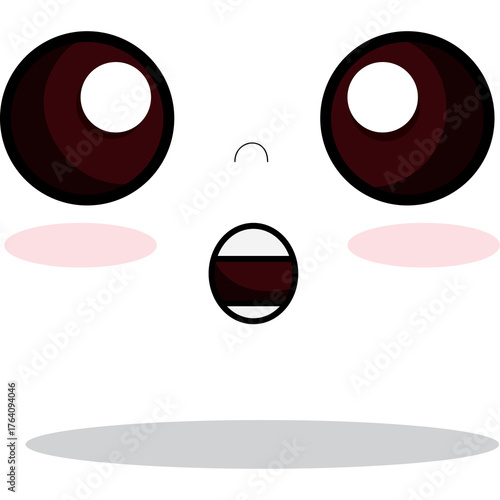 Surprised Kawaii Face with Big Eyes and Pink Cheeks on Transparent Background White with Grey Shadow