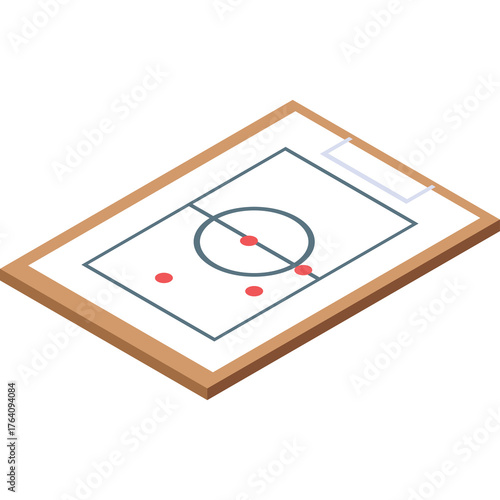 Tactical Sports Play Diagram on a Clipboard with Red Markers Indicating Strategy on a White Field with Blue Lines