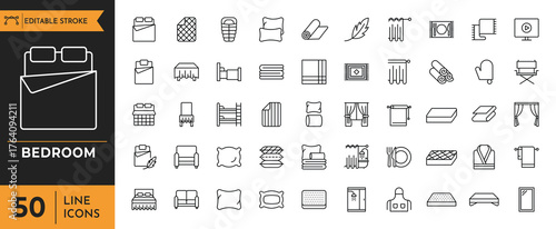 A clean and modern set of bedroom icons in minimalist line style with editable strokes, ideal for interior design apps, home decor visuals, and lifestyle content.