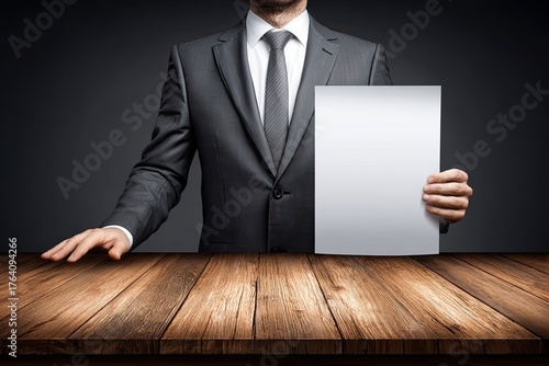 A man in a suit holds a blank document in a professional setting, with a wooden table and dark background, conveying a business atmosphere.