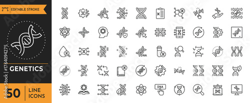 A minimalist line icon set illustrating genetics and DNA concepts, designed with editable strokes for flexible use in scientific, educational, and medical visuals