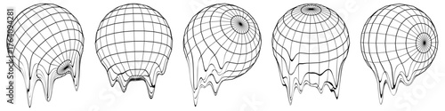 Melted Globe grid spheres. Striped 3D spheres, geometry globe grid, earth latitude and longitude line grid
