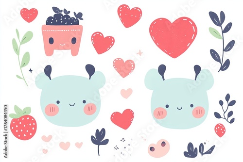 A whimsical, colorful illustration featuring cute characters, hearts, strawberries, and plants, perfect for children's art or decorative designs.