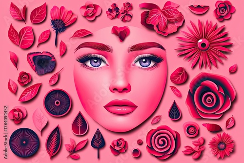 A vibrant, artistic composition featuring a feminine face surrounded by various pink flowers and leaves, all set against a matching pink background.
