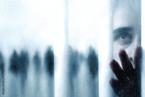 A person gazes through a translucent barrier, highlighting feelings of isolation and connection among blurred figures in the background.