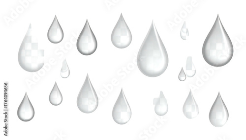 Sixteen teardrop-shaped, shiny blobs against a black background, varying sizes, creating a simple, reflective pattern