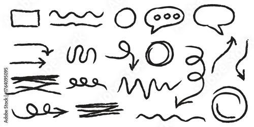 Hand-Drawn Charcoal Scribble Lines and Doodle Arrows Vector Set,Chalk crayon or marker doodle rouge handdrawn scratches.,Grunge Sketch Lines and Handwritten Numbers Vector Collection..eps