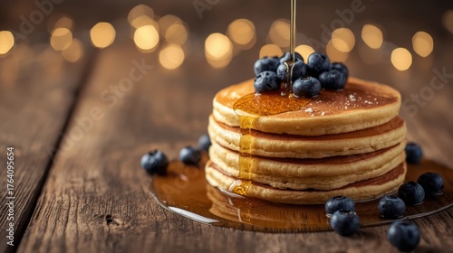 Delicious stack of golden pancakes topped with fresh blueberries and syrup on a rustic wooden table