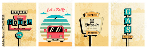 Retro roadside vertical posters set with motel signs, diner, gas station and van. Vector illustration in vintage colors textured 70s style for travel, social media, road trip, wall art