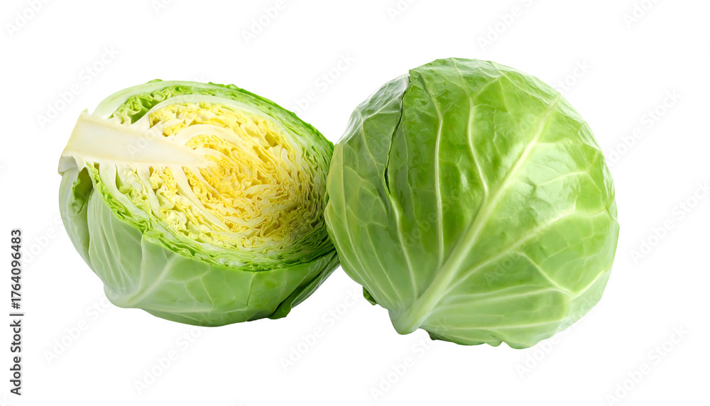 Fototapeta premium Two cabbages. One whole, the other halved showing the yellow interior. Isolated on a black background