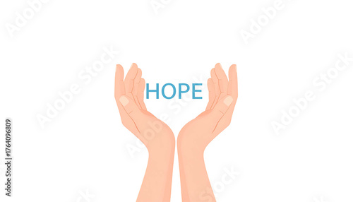 Two hands reaching, cradling 'Hope' in blue lettering below a white cross, on a stark black background
