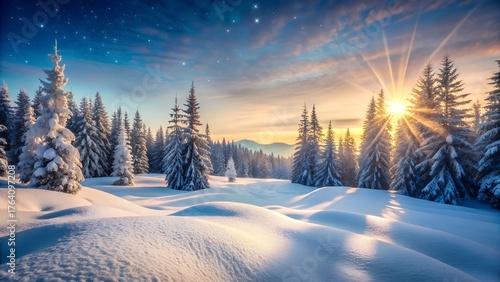 Magical winter forest landscape bathed in golden sunrise light with snow covered evergreen trees and a starry sky above
