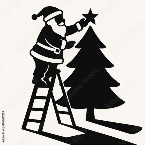Santa decorating a Christmas tree silhouette