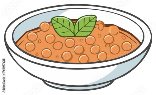 A cartoon illustration of a simple bowl of warm lentil soup with a basil garnish