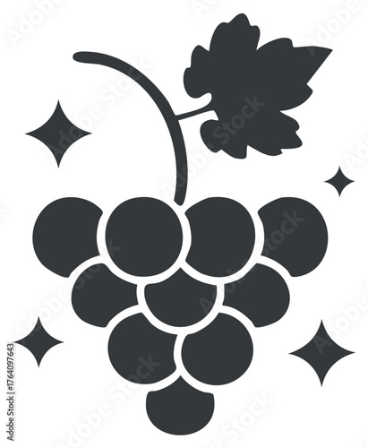 Silhouette illustration of a bunch of grapes with leaves and decorative sparkle elements.