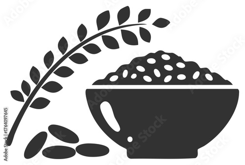 Graphic Icon of Bowl with Cereal and Wheat Branch Illustrating Agriculture