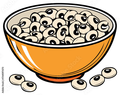 Cartoon illustration of a simple orange bowl filled with uncooked black-eyed peas