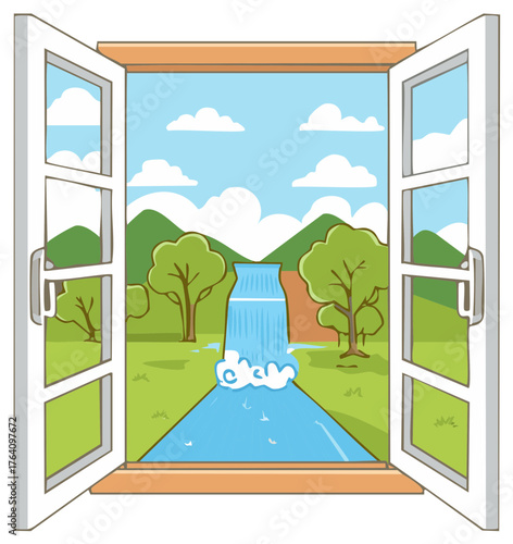 Open window view of a cascading waterfall and lush green landscape with trees and mountains