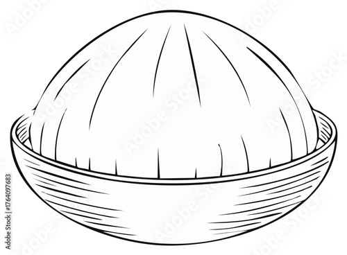 Monochrome line art illustration of a dome-shaped food serving presented in a woven bowl