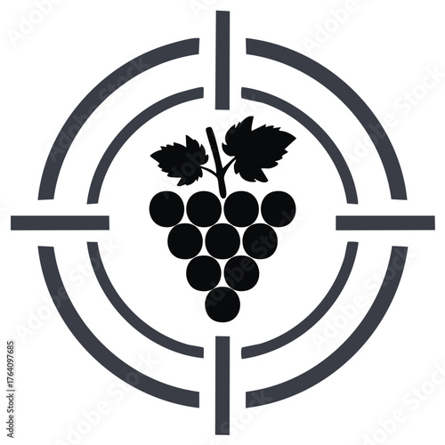 Grape bunch silhouette in a target crosshair symbol for vineyard pest control or precision viticulture concept