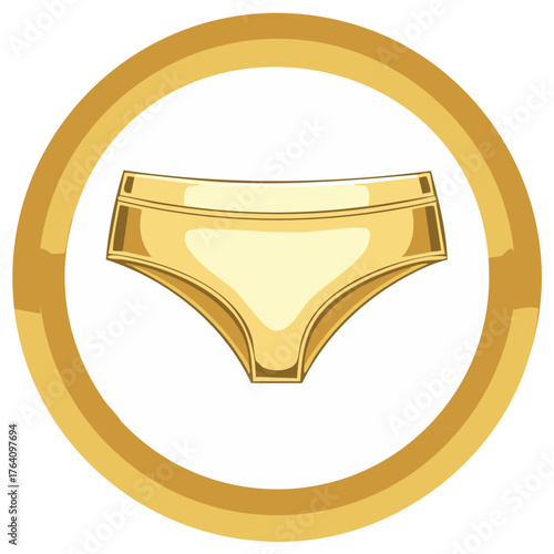 Cartoon vector icon of golden women's underwear panties in a circle