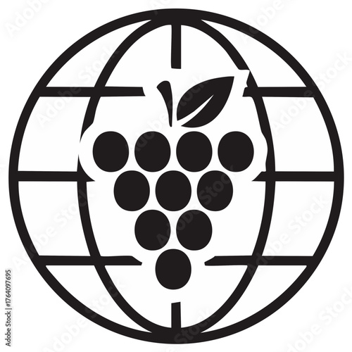 Iconic Grapes Cluster in Global Sphere: Symbolizing Worldwide Agriculture and International Wine Production with Minimalist Design