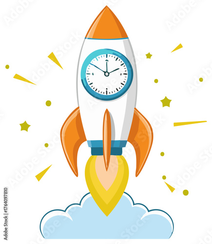 Cartoon rocket ship with clock face launching into sky with clouds and stars