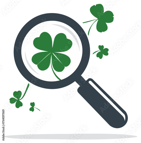 Magnifying glass examining lucky four-leaf clover surrounded by scattered shamrocks