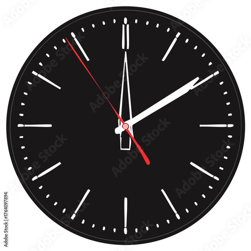 Modern minimalist black analog clock face with white hands and a prominent red second hand