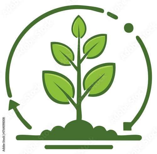 Green seedling growing in soil with a circular arrow indicating growth and sustainability