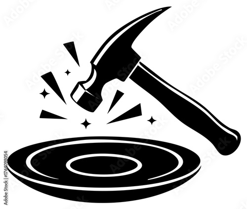 Iconic hammer striking object with sparks, symbol of impact, strength, and work.