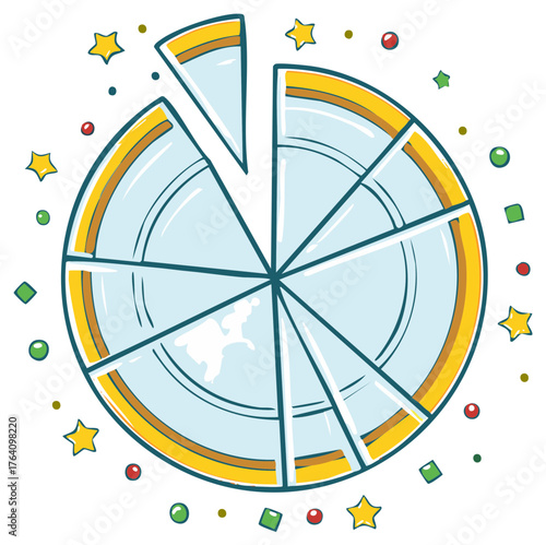 Colorful segmented wheel chart illustration with one slice separated and festive sparkles confetti