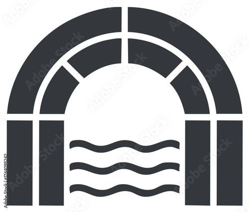 Architectural arch spanning over flowing water waves flat icon design