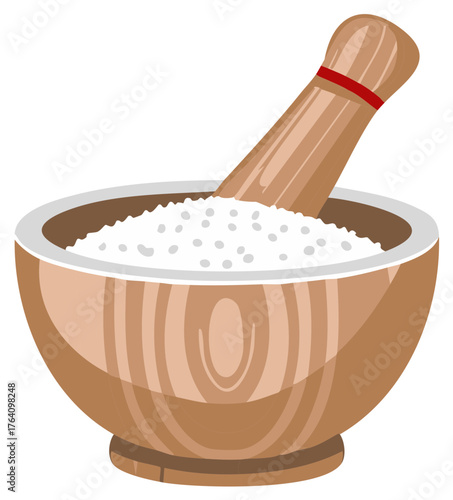 Wooden Mortar and Pestle Grinding White Herbs or Spices in Kitchen