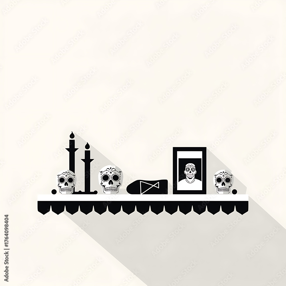 Fototapeta premium A minimalist depiction showcases a decorated shelf with Day of the Dead-themed elements against a light background.