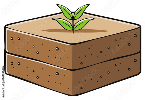 Stylized seedling sprouting from stacked soil cubes in brown color tones