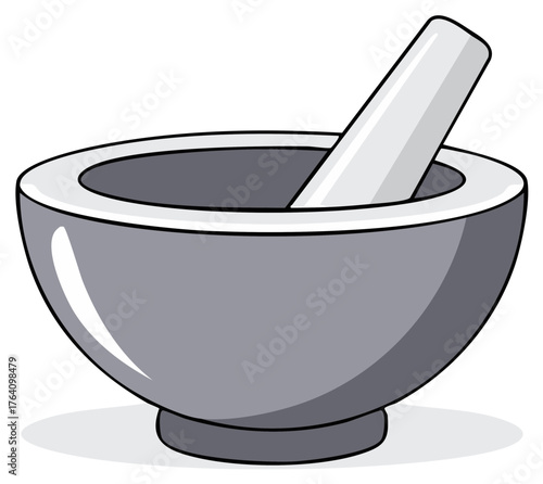 Illustration of a grey mortar and pestle, ideal for grinding herbs and spices for cooking.