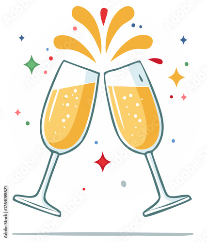 Champagne glasses clinking with celebratory sparkles and confetti