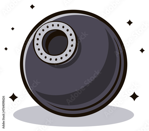 Stylized dark planet with a circular opening and radiating sparkle accents