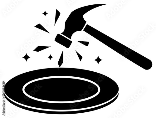 Hammer striking hard surface with flying sparks showing force energy and power