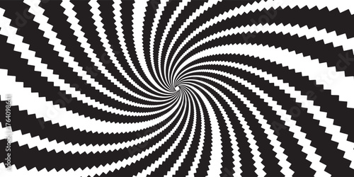Hypnotic spirals background. Radial optical illusion. Black and white swirl tunnel wallpaper. vector