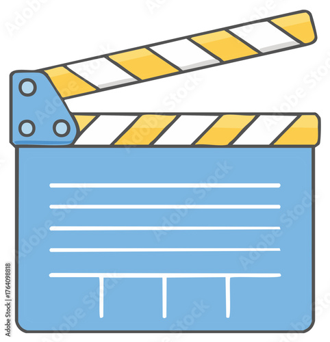 Simple illustration of a blue movie clapperboard with yellow and white stripes on the clapstick