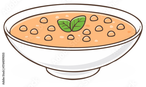 Cartoon soup in a bowl with green leaves and round croutons illustration