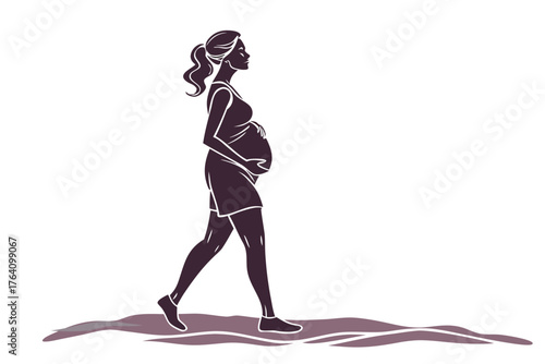 silhouette of a pregnant woman walking outdoors on a quiet path, maternity health, expecting mother illustration"